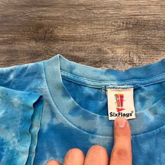 Vintage Six Flags Blue Mens XL‎ Tye Dye Taz Mania Looney Tunes T-shirt 90s - Picture 5 of 8